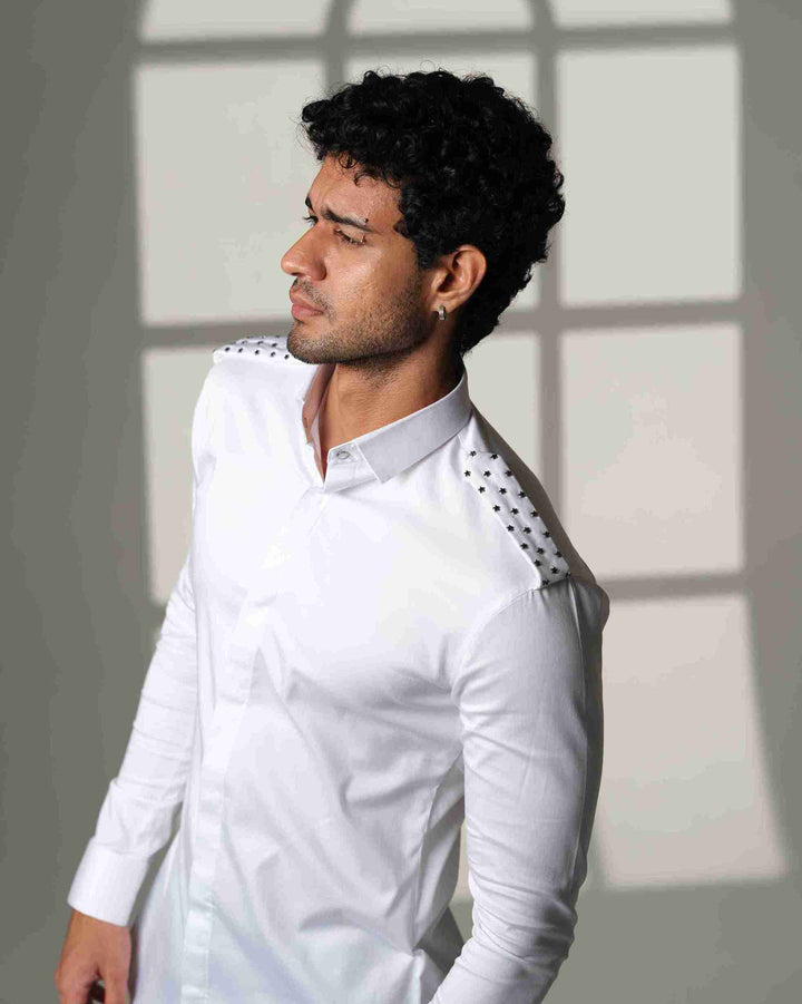 White Shirt with Star-Studded Shoulder Flaps