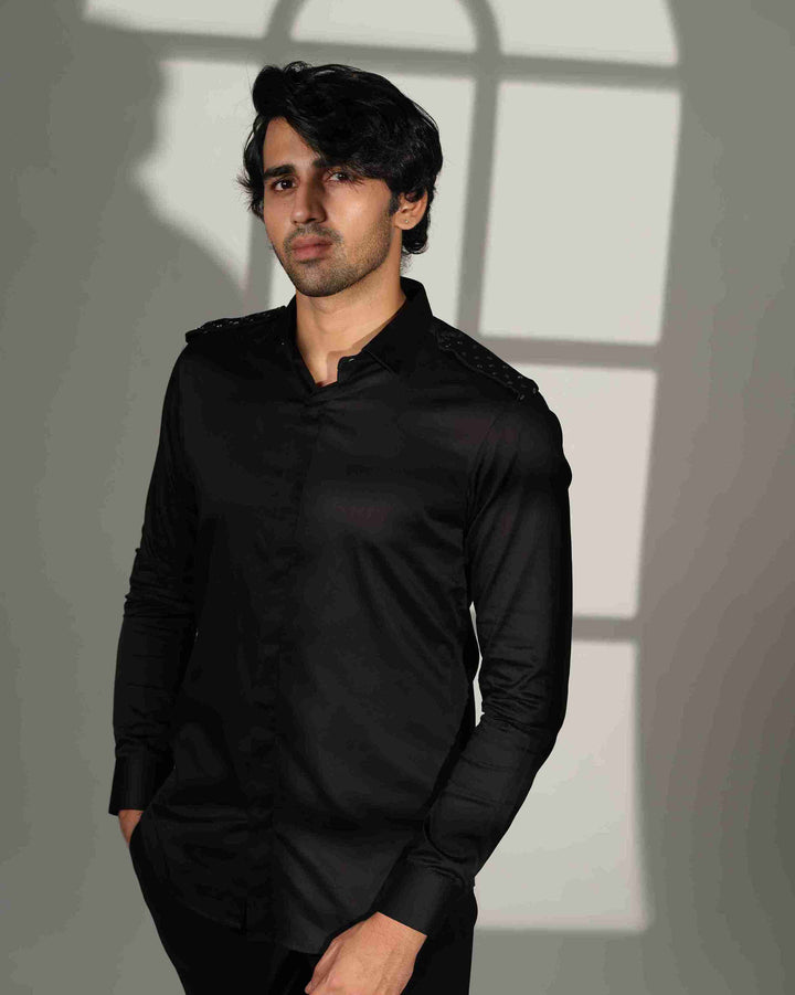 Black Shirt with Star-Studded Shoulder Flaps