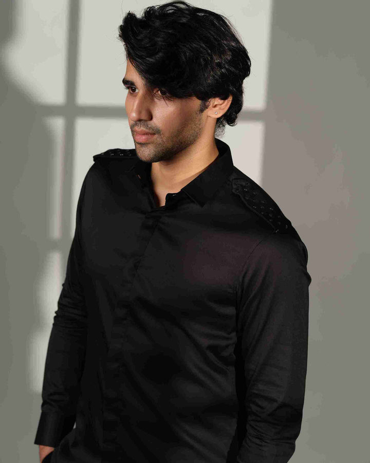 Black Shirt with Star-Studded Shoulder Flaps
