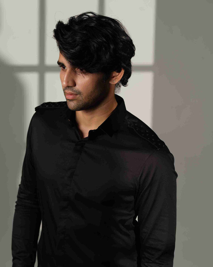 Black Shirt with Star-Studded Shoulder Flaps