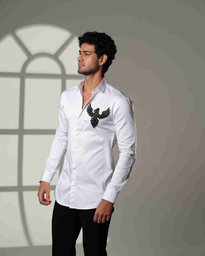 White Shirt with 3D Phoenix on Pocket Square