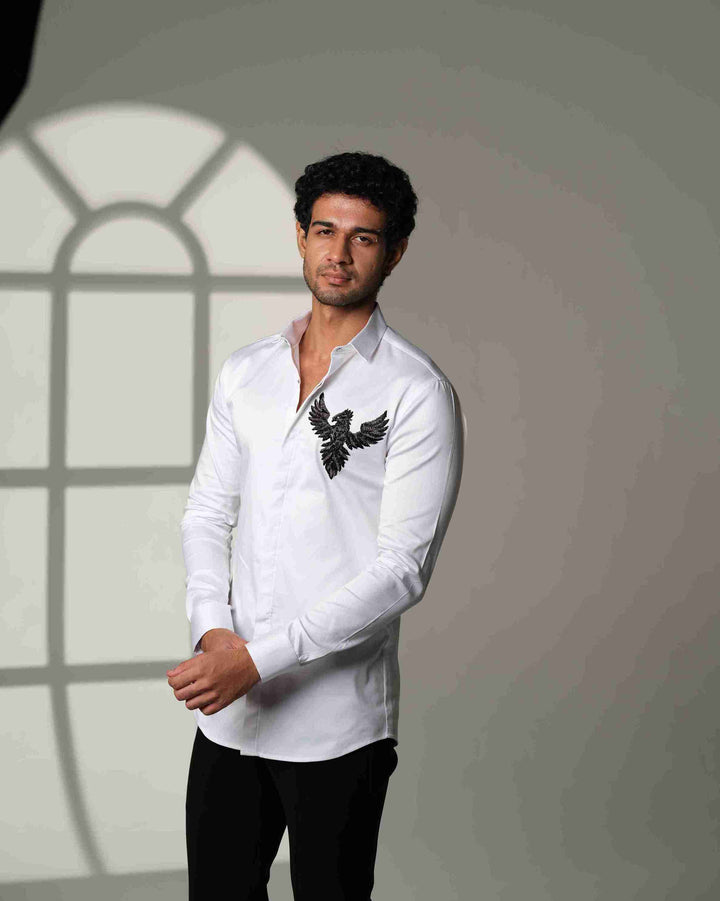 White Shirt with 3D Phoenix on Pocket Square