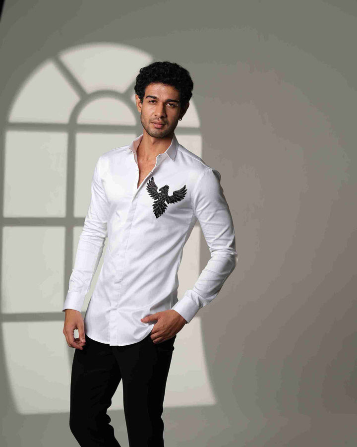 White Shirt with 3D Phoenix on Pocket Square