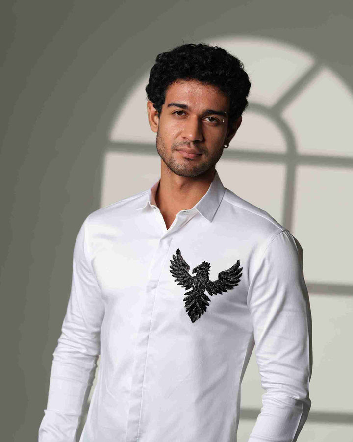 White Shirt with 3D Phoenix on Pocket Square