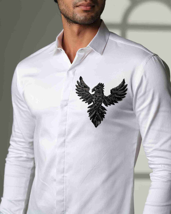 White Shirt with 3D Phoenix on Pocket Square