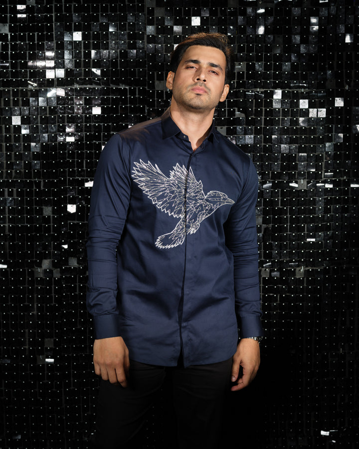 Navy Blue shirt with hand embroided Silver Cutdana Center outline Kingfisher