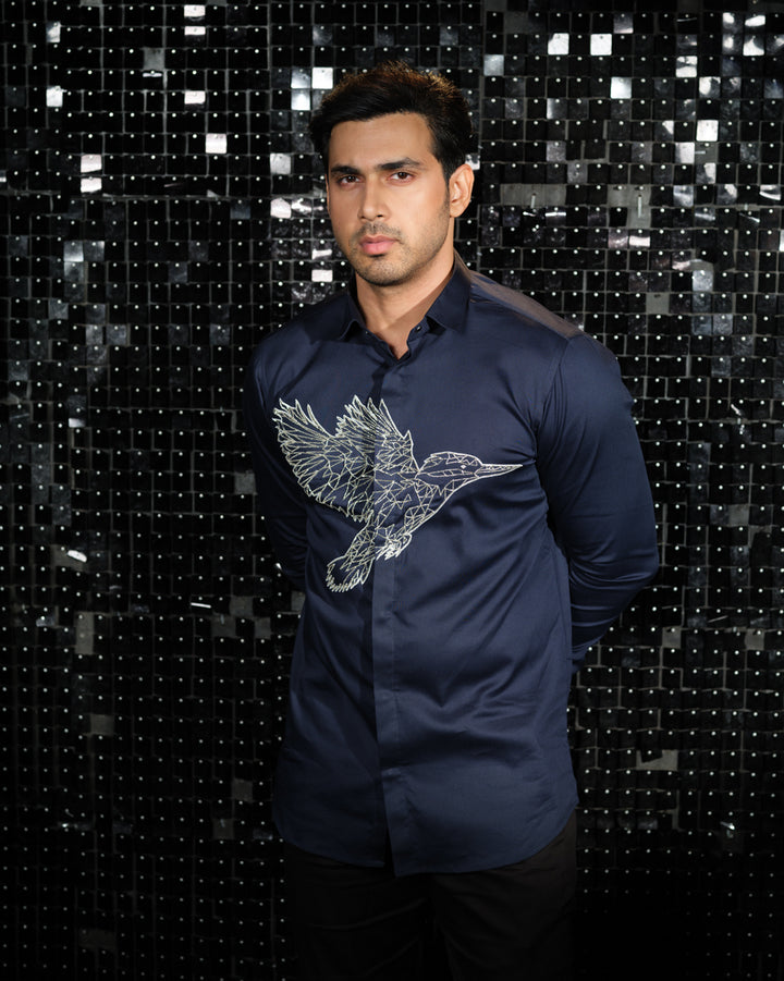 Navy Blue shirt with hand embroided Silver Cutdana Center outline Kingfisher