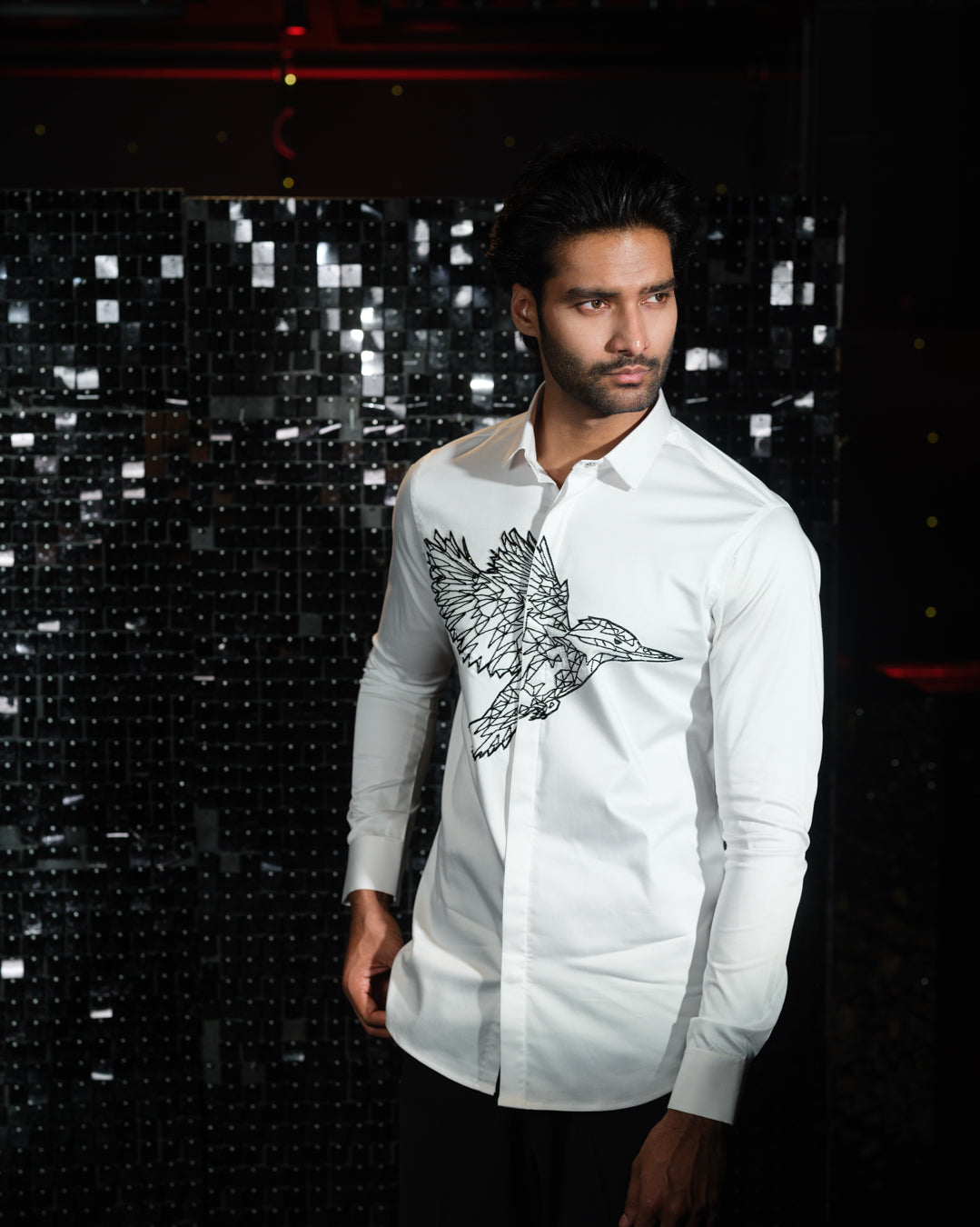 White shirt with hand embroided Black Cutdana Center outline Kingfisher