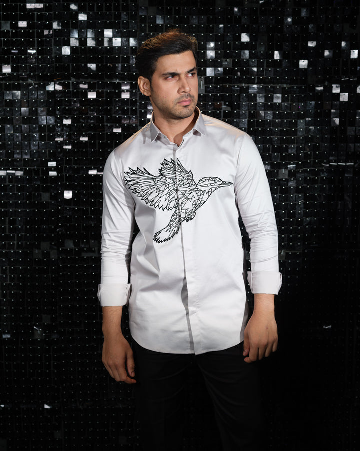 Grey shirt with hand embroided Black Cutdana Center outline Kingfisher