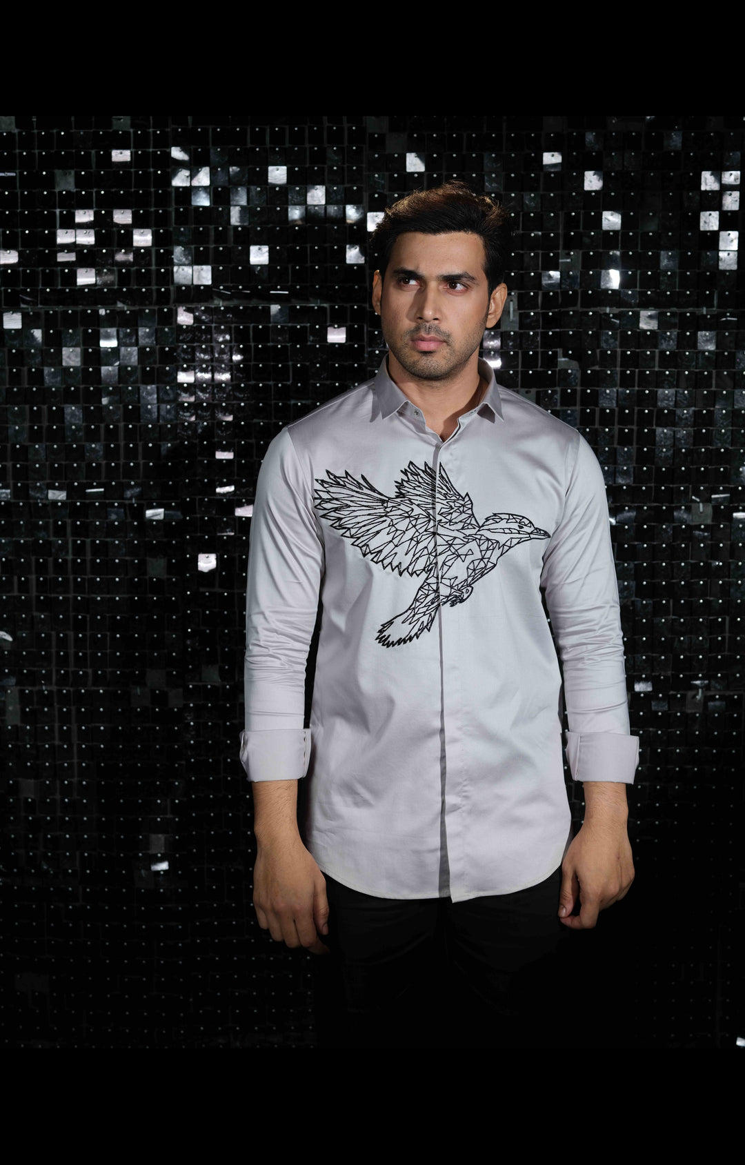 Grey shirt with hand embroided Black Cutdana Center outline Kingfisher