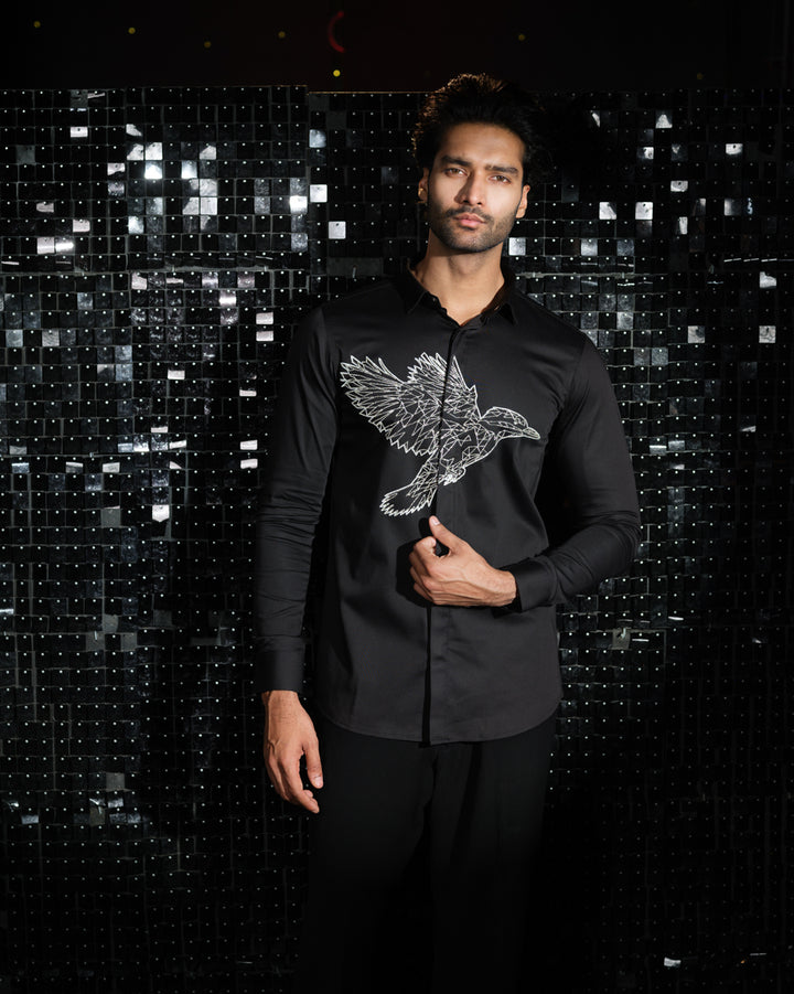 Black shirt with hand embroided Silver Cutdana Center outline Kingfisher