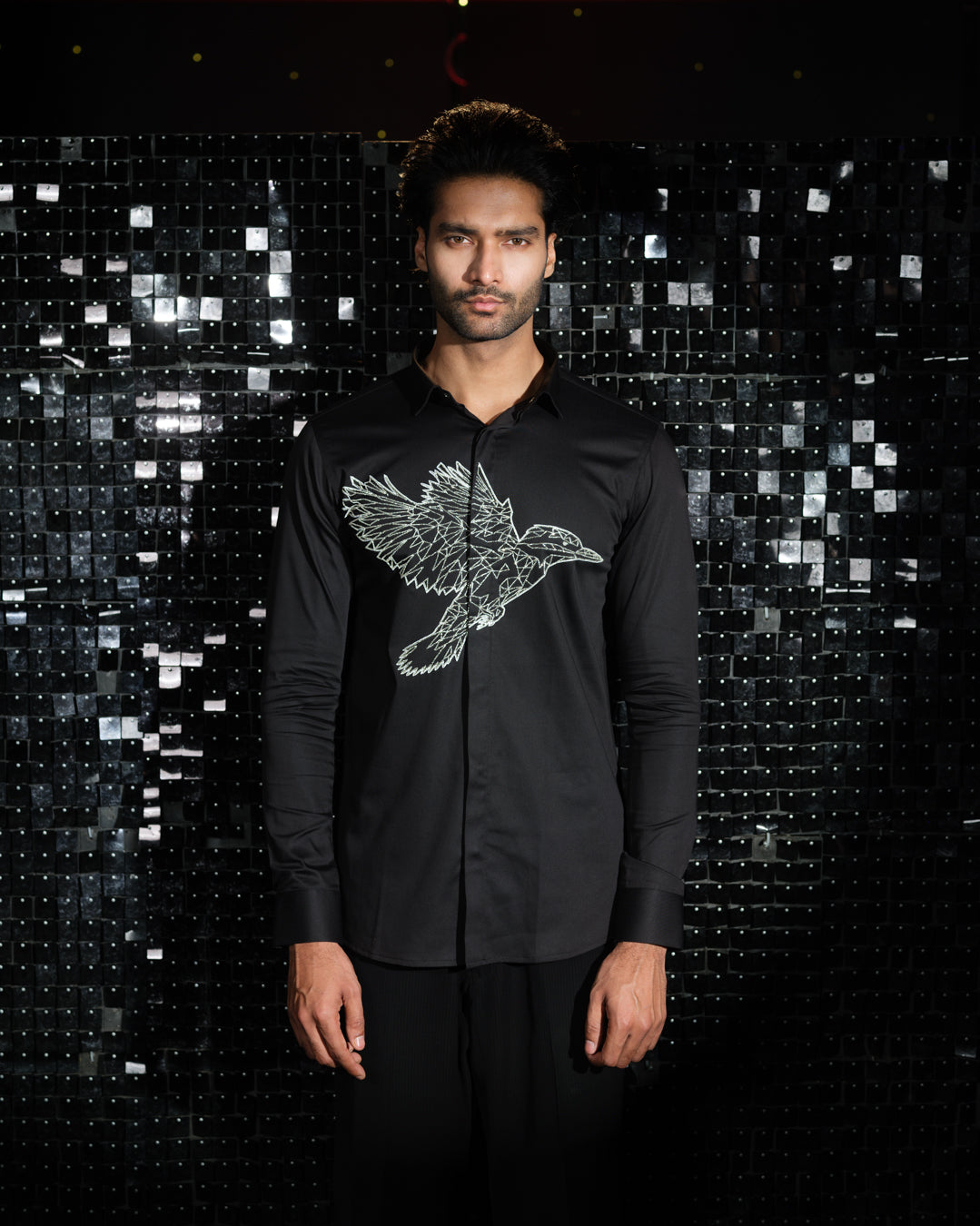 Black shirt with hand embroided Silver Cutdana Center outline Kingfisher