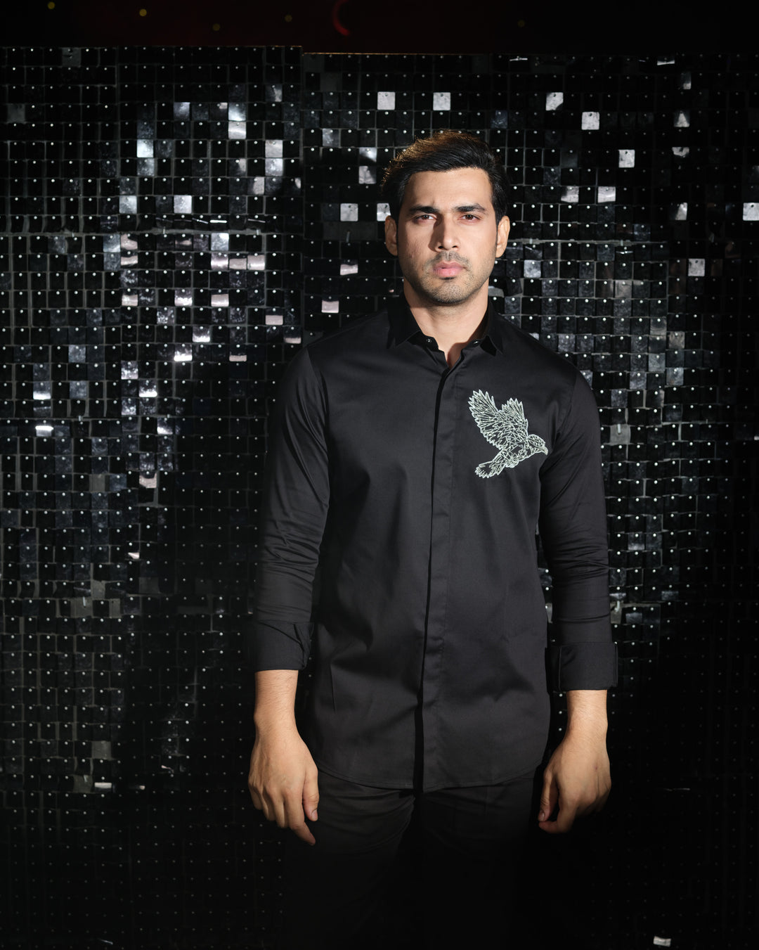 Black shirt with hand embroided Silver Cutdana Pocket square outline Kingfisher