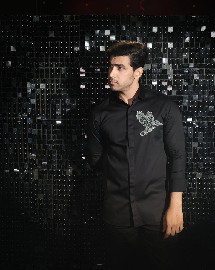 Black shirt with hand embroided Silver Cutdana Pocket square outline Kingfisher