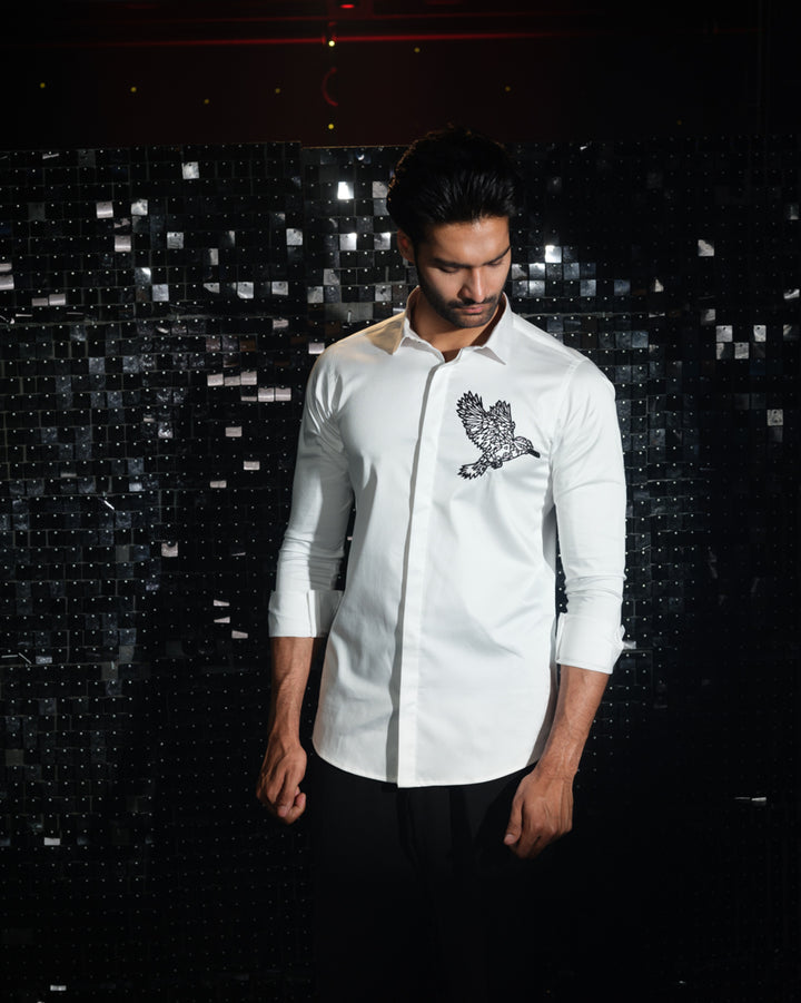 White shirt with hand embroided Black Cutdana Pocket square outline Kingfisher