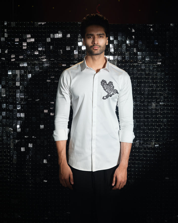 White shirt with hand embroided Black Cutdana Pocket square outline Kingfisher