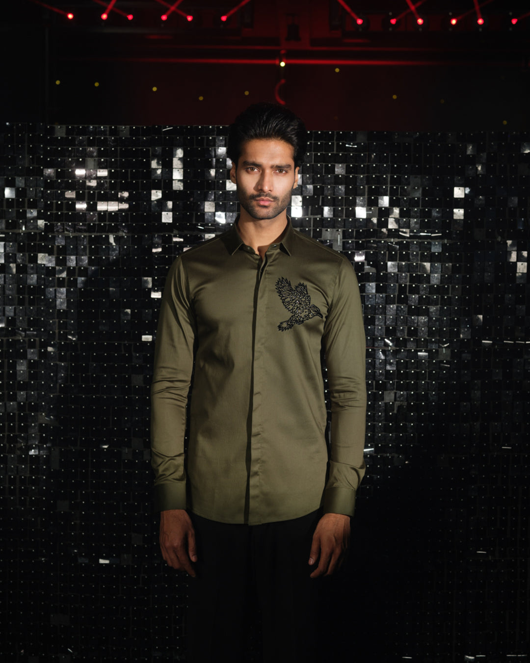 Olive Green shirt with hand embroided Black Cutdana Pocket square outline Kingfisher