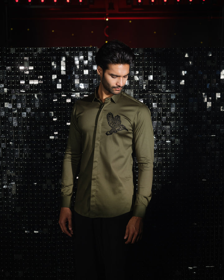 Olive Green shirt with hand embroided Black Cutdana Pocket square outline Kingfisher