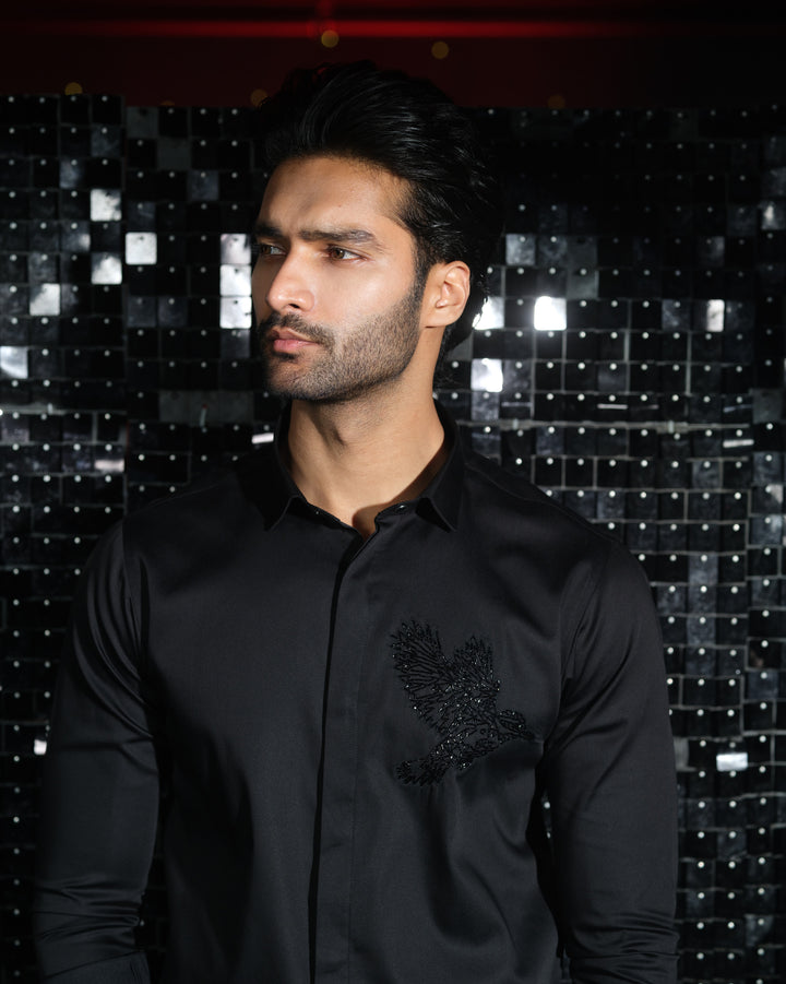 Black shirt with hand embroided Black Cutdana Pocket square outline Kingfisher