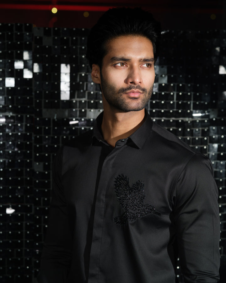 Black shirt with hand embroided Black Cutdana Pocket square outline Kingfisher