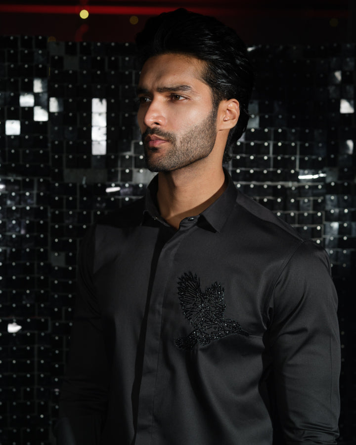 Black shirt with hand embroided Black Cutdana Pocket square outline Kingfisher