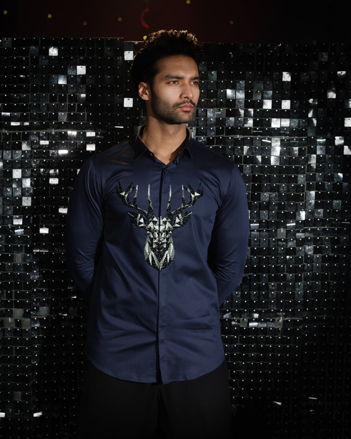 Navy Blue shirt with hand embroided 3D Rendeer