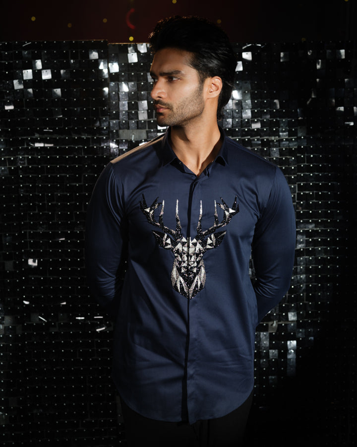 Navy Blue shirt with hand embroided 3D Rendeer