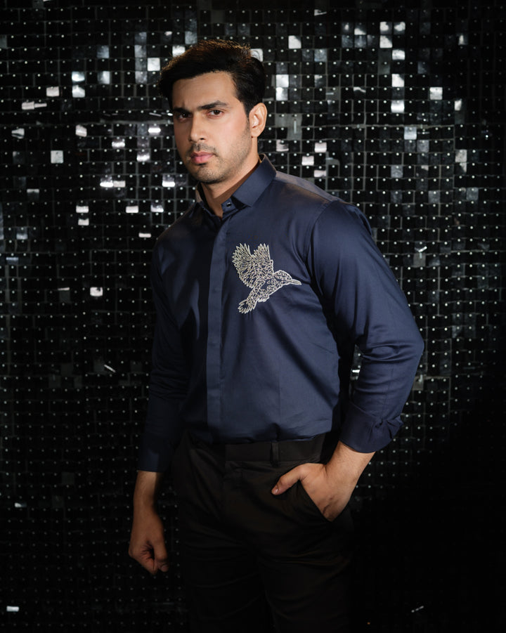 Navy Blue shirt with hand embroided Silver Cutdana Pocket square outline Kingfisher