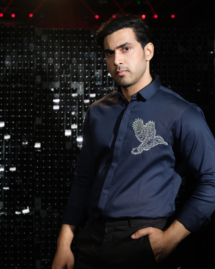 Navy Blue shirt with hand embroided Silver Cutdana Pocket square outline Kingfisher