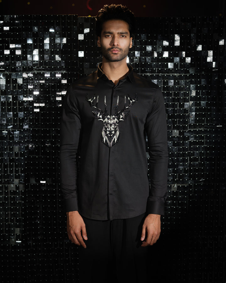 Black shirt with hand embroided 3D Rendeer