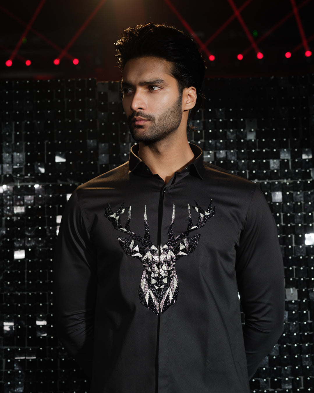 Black shirt with hand embroided 3D Rendeer