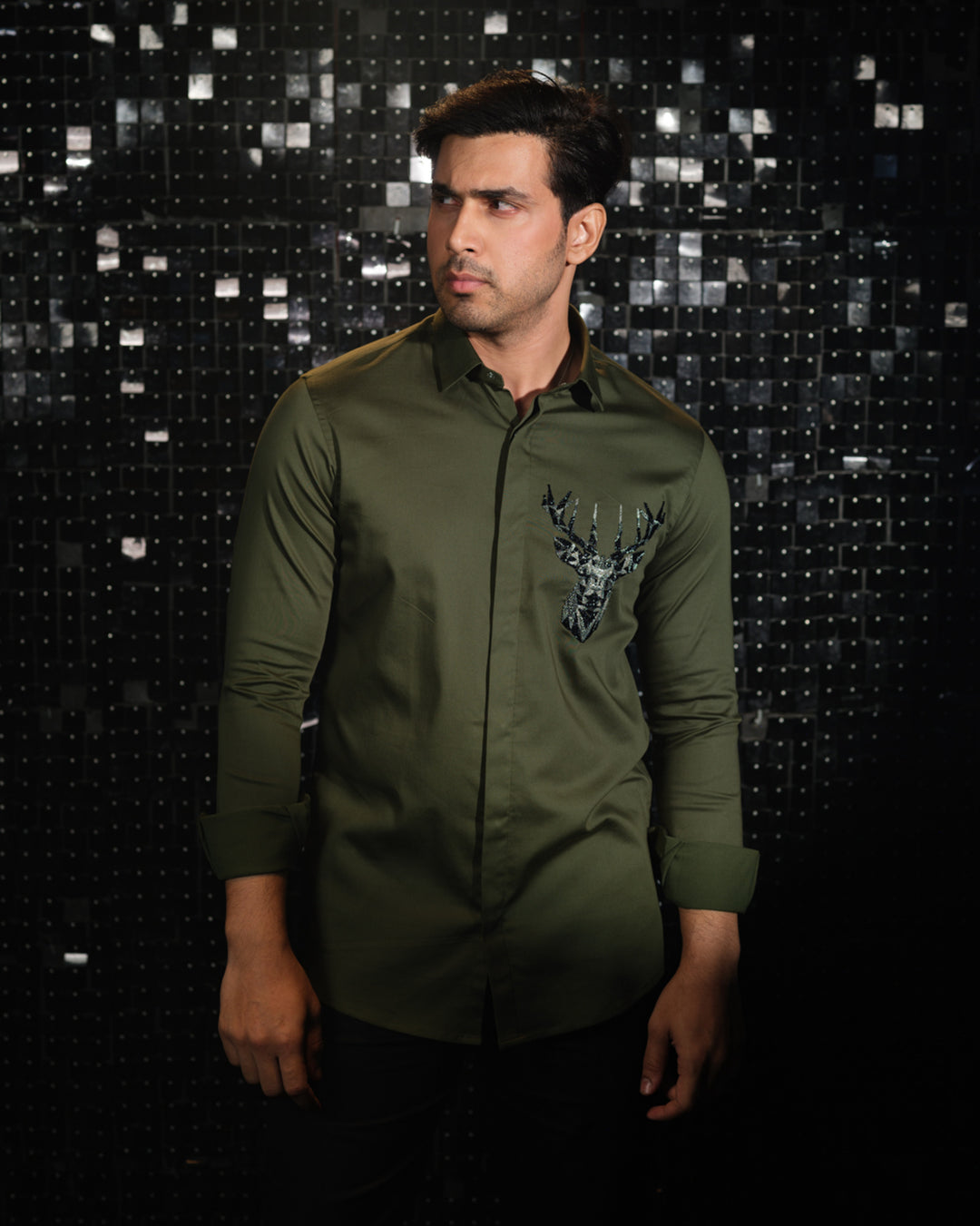 Olive Green shirt with hand embroided 3D Rendeer Pocket square