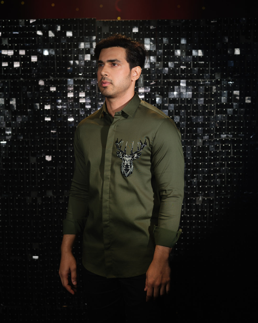 Olive Green shirt with hand embroided 3D Rendeer Pocket square