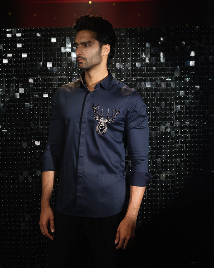 Navy Blue shirt with hand embroided 3D Rendeer Pocket square