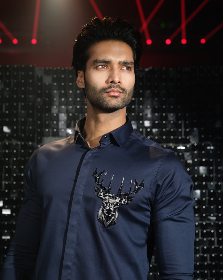 Navy Blue shirt with hand embroided 3D Rendeer Pocket square