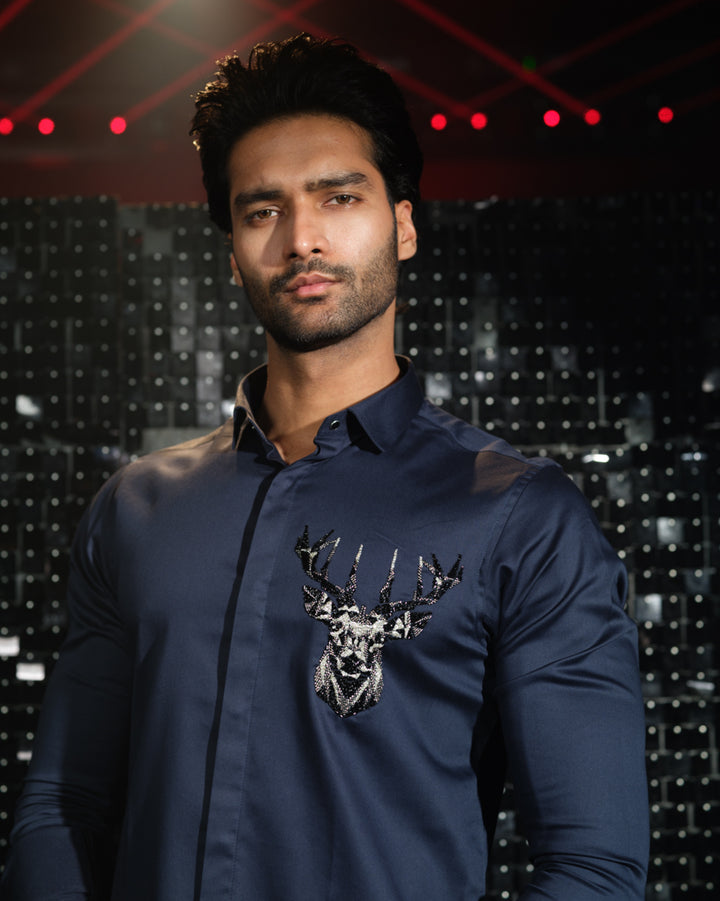 Navy Blue shirt with hand embroided 3D Rendeer Pocket square