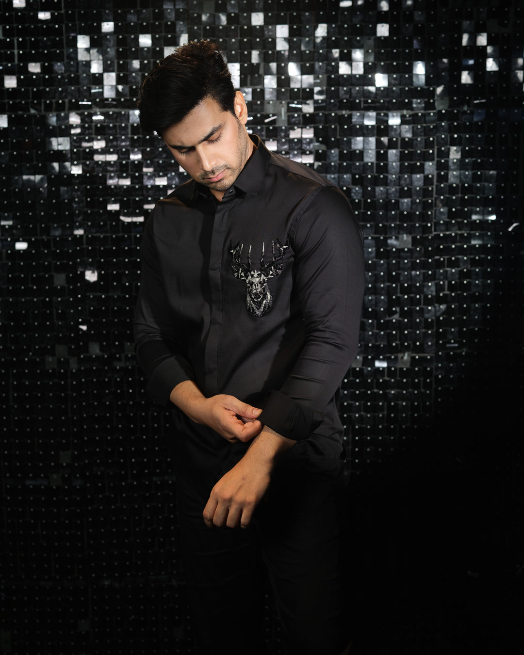 Black shirt with hand embroided 3D Rendeer Pocket square