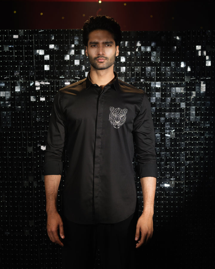 Black shirt with hand embroided Silver Cutdana Tiger face outline Pocket square