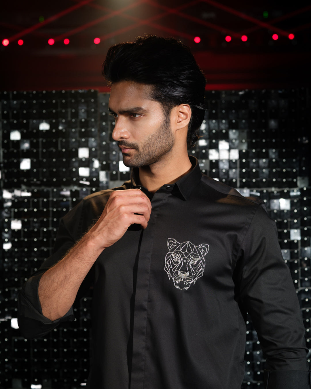 Black shirt with hand embroided Silver Cutdana Tiger face outline Pocket square