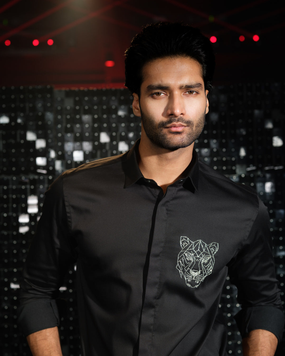 Black shirt with hand embroided Silver Cutdana Tiger face outline Pocket square