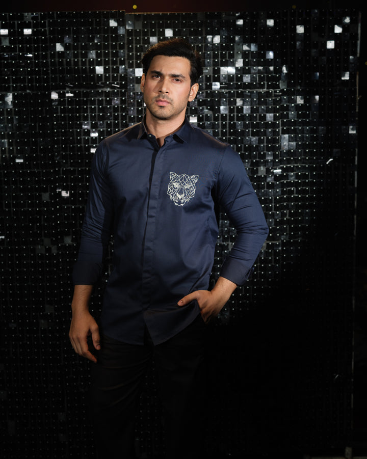 Navy Blue shirt with hand embroided Silver Cutdana Tiger face outline Pocket square