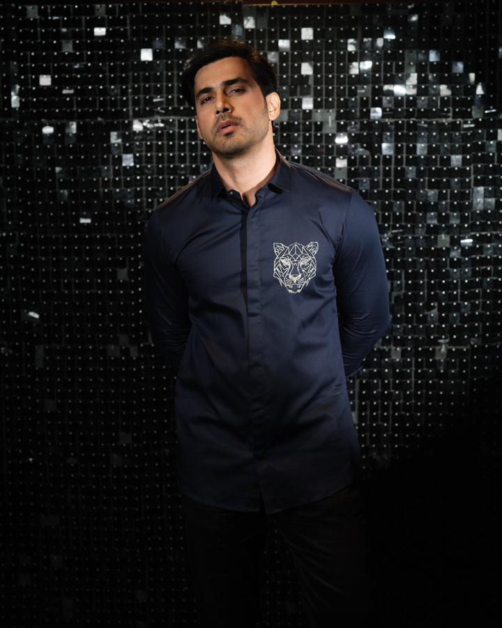 Navy Blue shirt with hand embroided Silver Cutdana Tiger face outline Pocket square