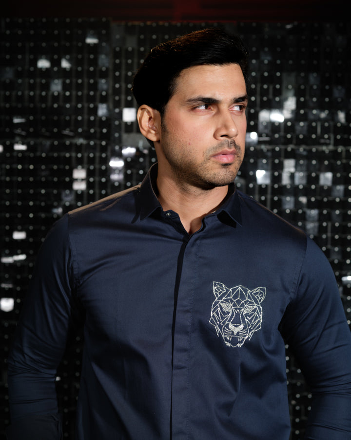 Navy Blue shirt with hand embroided Silver Cutdana Tiger face outline Pocket square