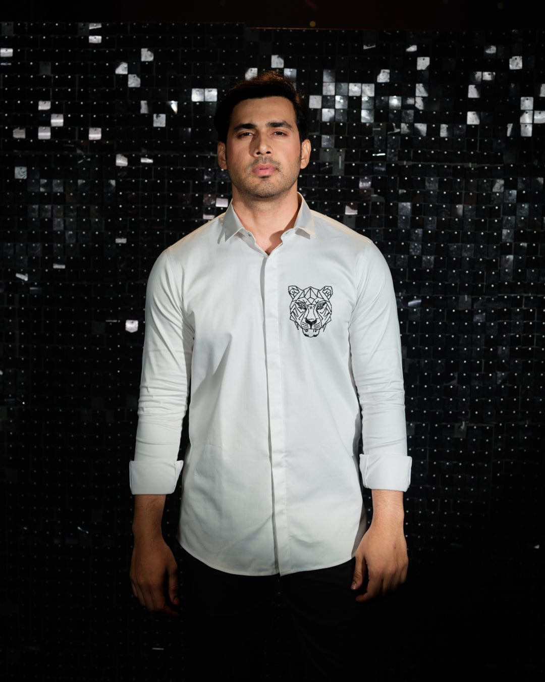 White shirt with hand embroided Black Cutdana Tiger face outline Pocket square