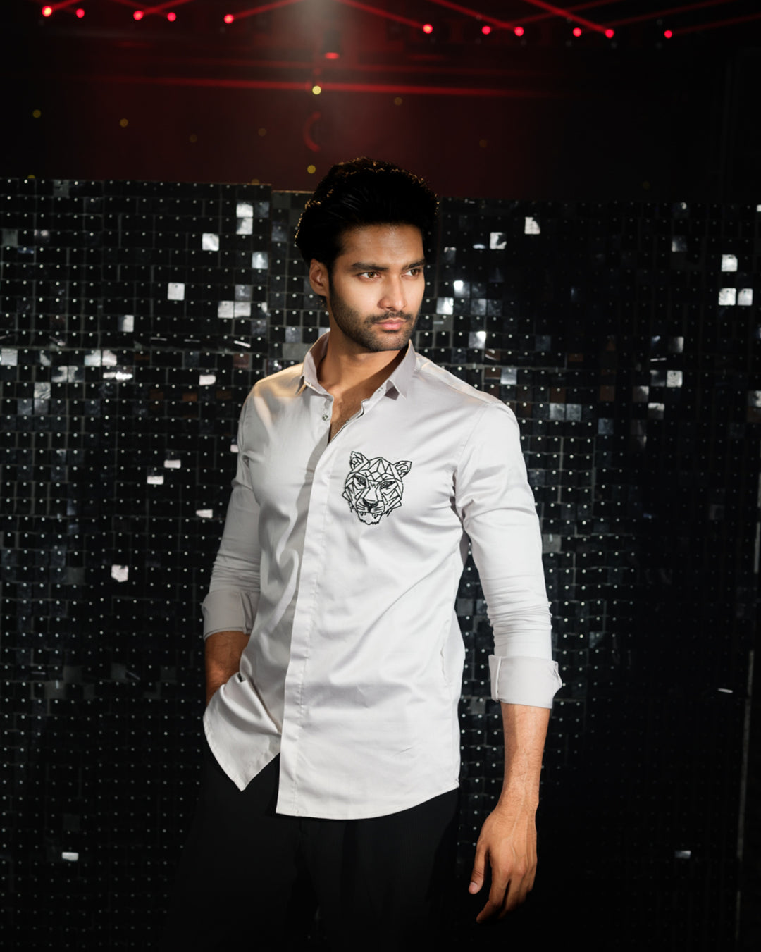 Grey shirt with hand embroided Black Cutdana Tiger face outline Pocket square