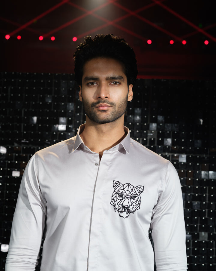 Grey shirt with hand embroided Black Cutdana Tiger face outline Pocket square