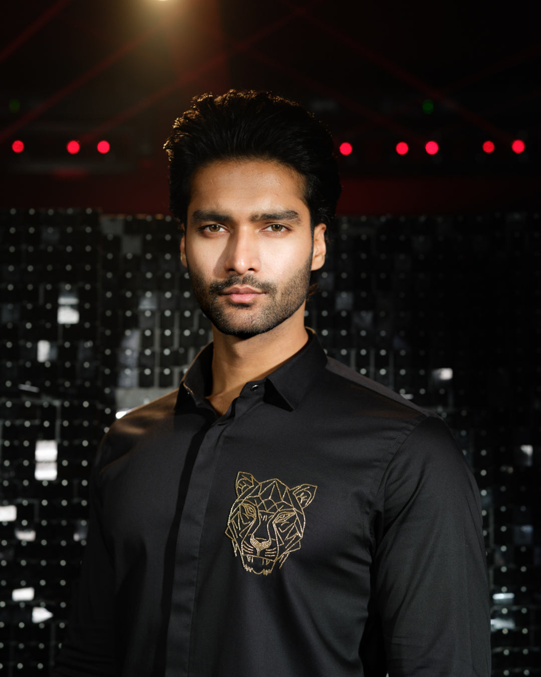 Black shirt with hand embroided Gold Cutdana Tiger face outline Pocket square