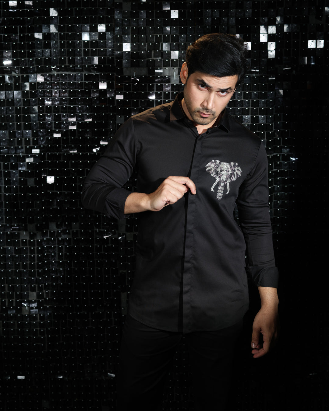 Black shirt with hand embroided 3D Elephant Pocket square