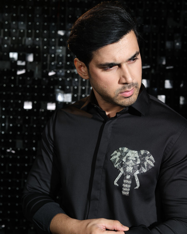 Black shirt with hand embroided 3D Elephant Pocket square