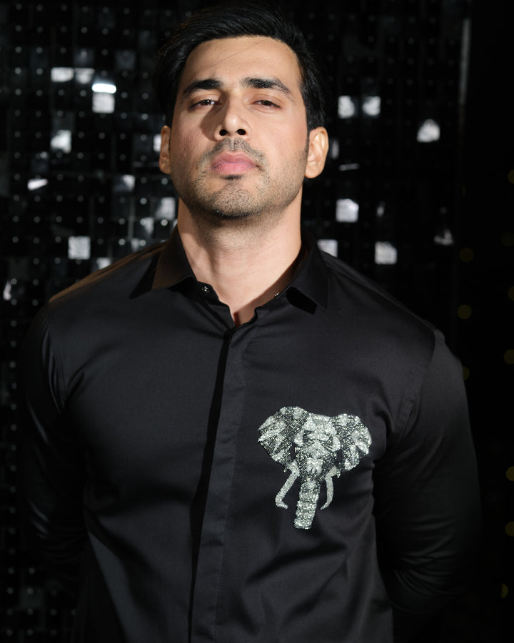 Black shirt with hand embroided 3D Elephant Pocket square